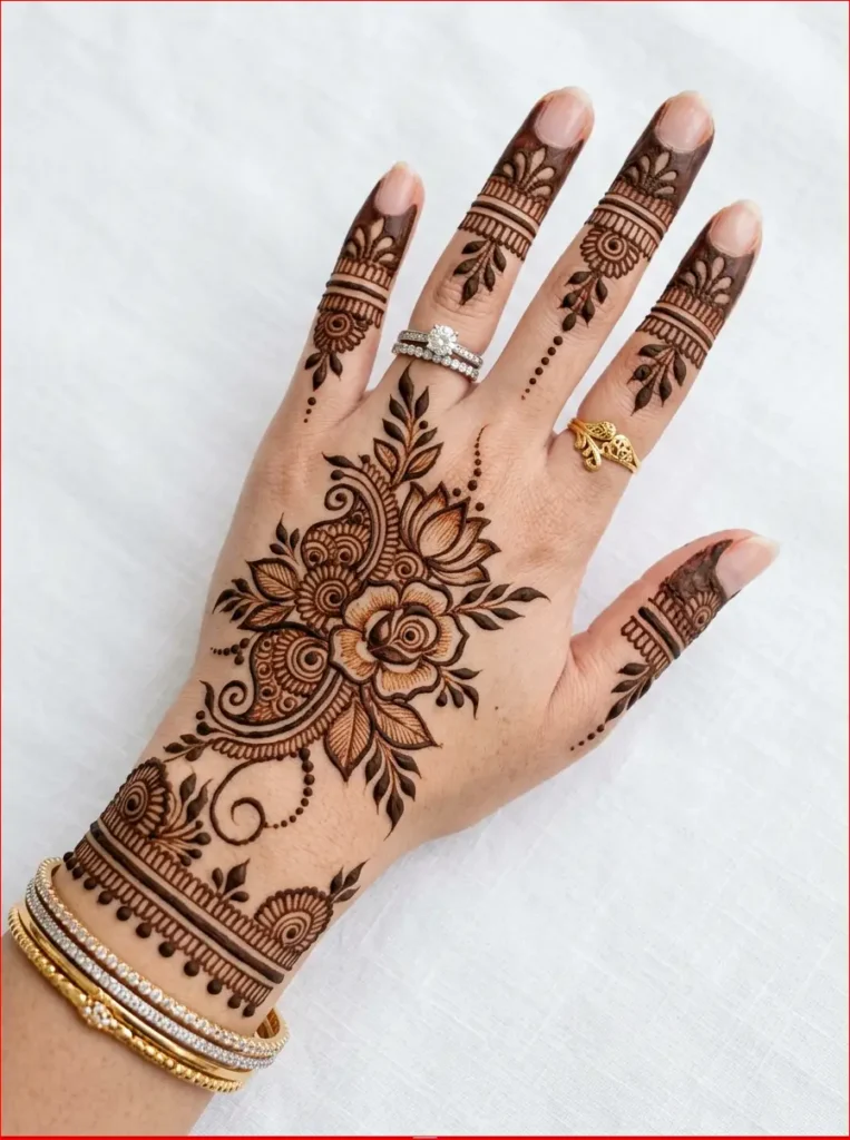 Beautiful stylish floral henna design for back hand with premium mehndi artwork