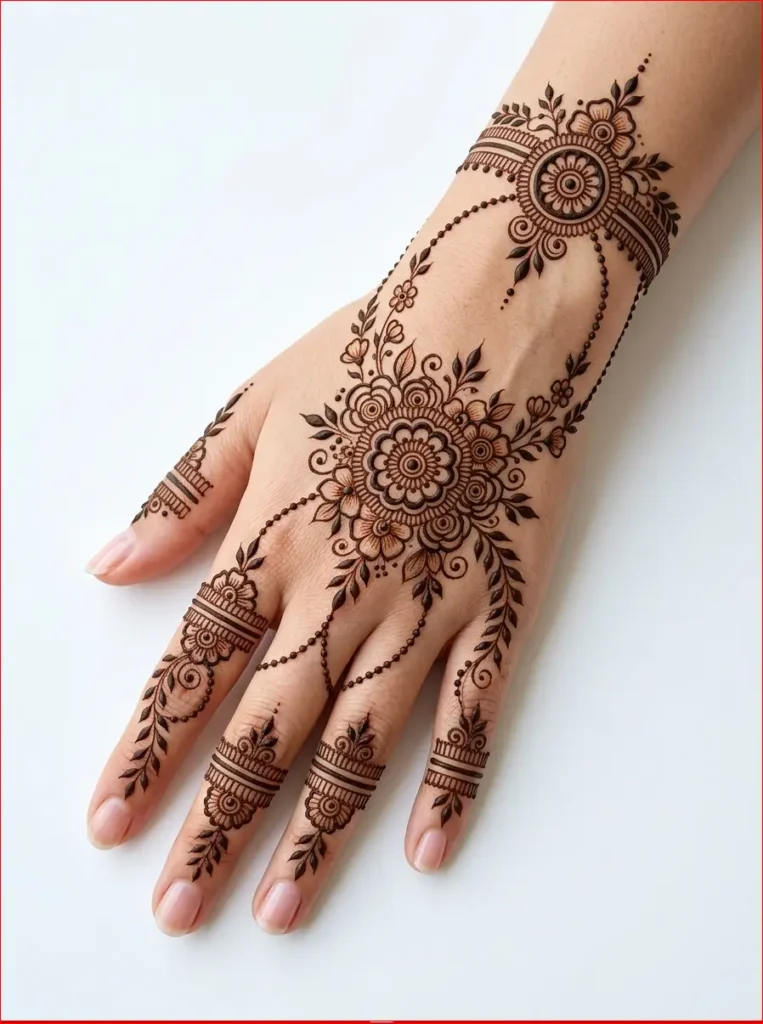 Trending floral mehndi design for back hand with intricate bridal henna details
