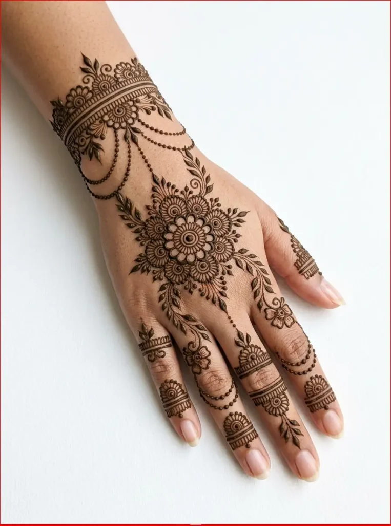 Latest back hand floral mehndi design in trendy Arabic style with detailed flower motifs