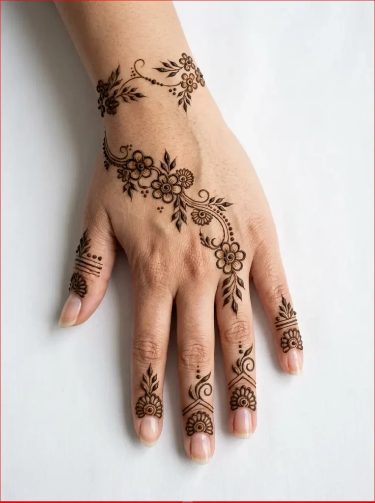 Chic Arabic-inspired back hand henna design with delicate motifs and a refined modern finish.
