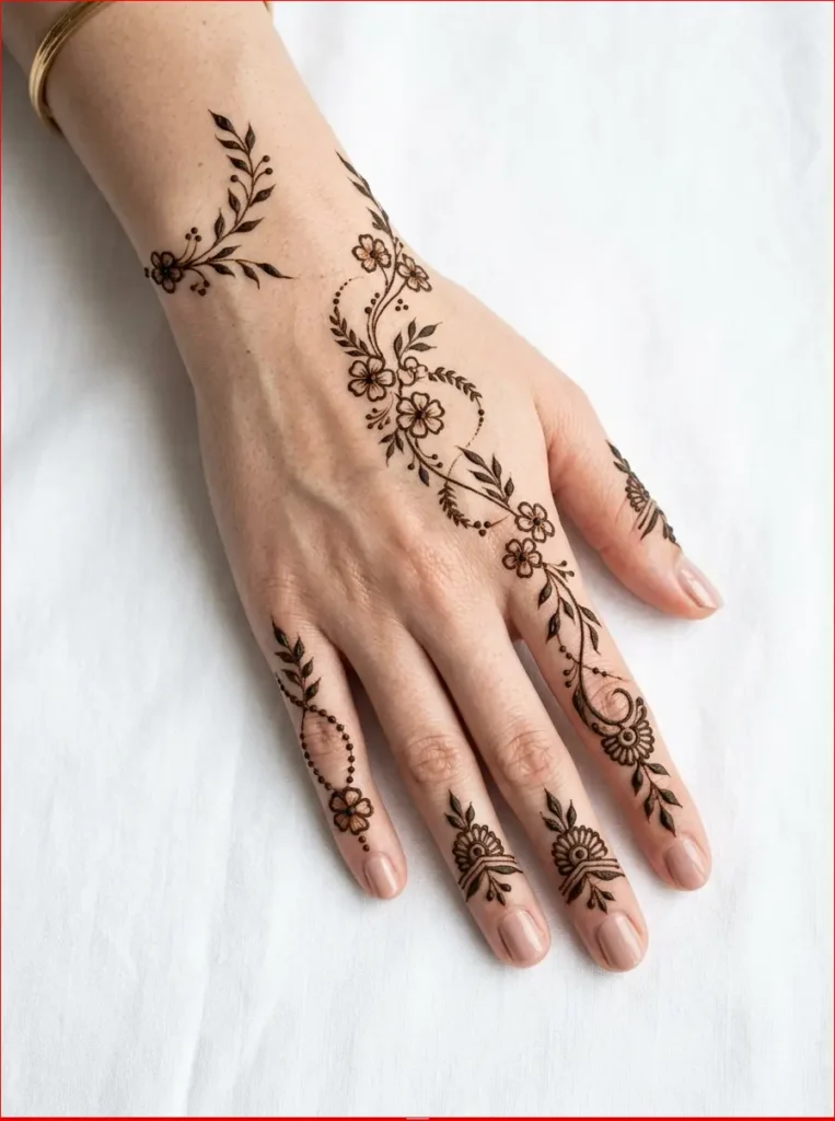Minimal back hand mehndi featuring fine line roses, leafy stems, and balanced open spaces.