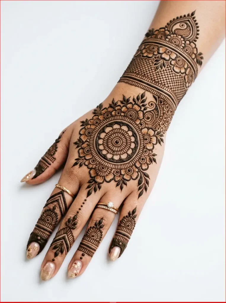 Elegant full back hand bridal mehndi design with detailed floral vines and traditional henna art.