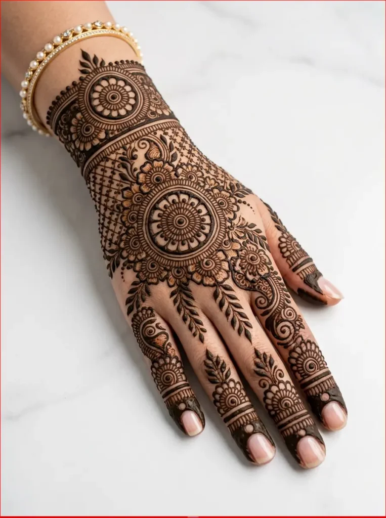 Complete back hand henna design for brides with beautiful floral motifs and finger detailing.