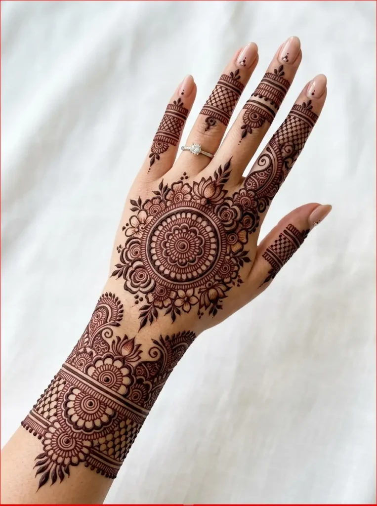 Modern bridal back hand mehndi design featuring intricate mandala, paisley, and leaf patterns.