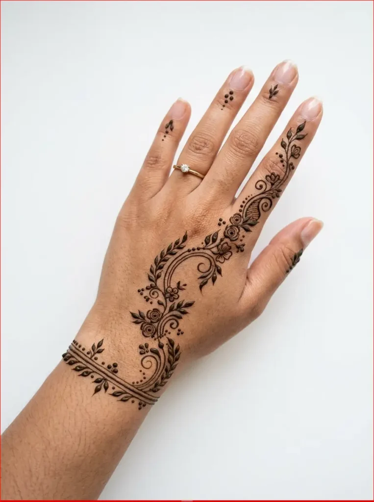 Soft khafif mehndi artwork featuring delicate flowers and thin curved vines on the back hand.