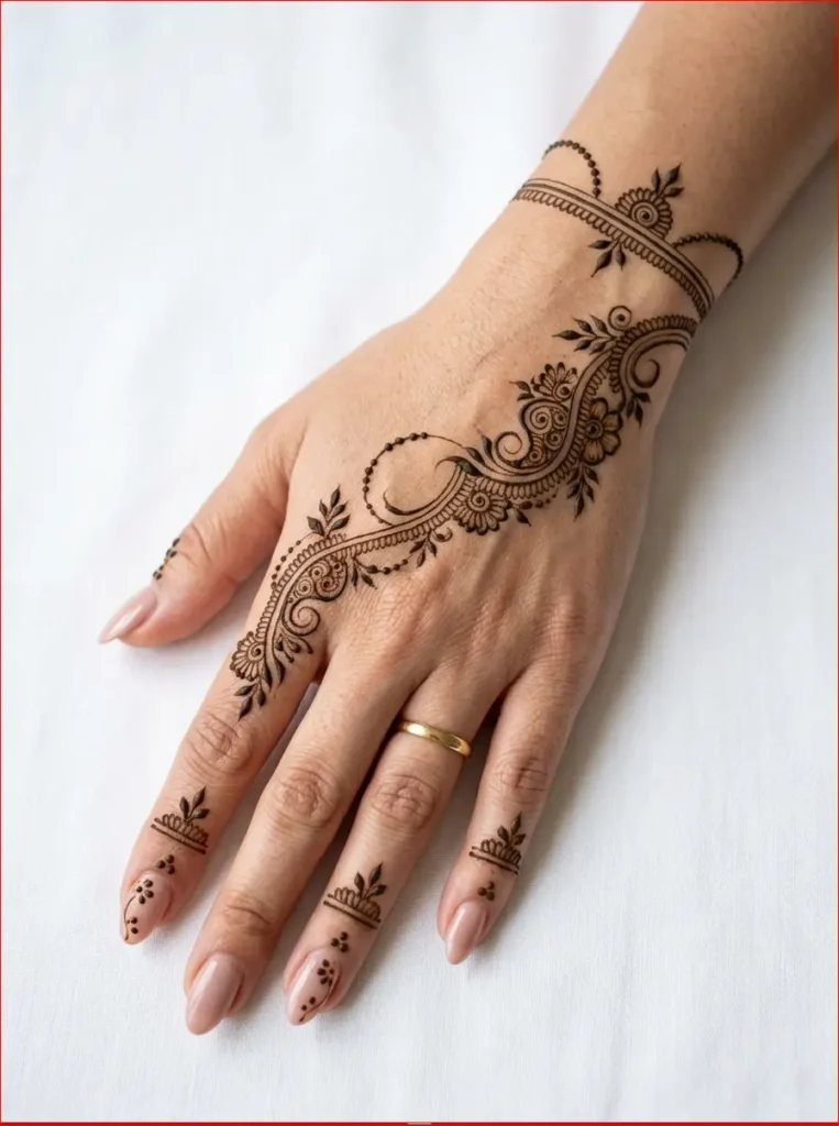 Stylish lightweight back hand henna design with modern Arabic-inspired finger patterns.