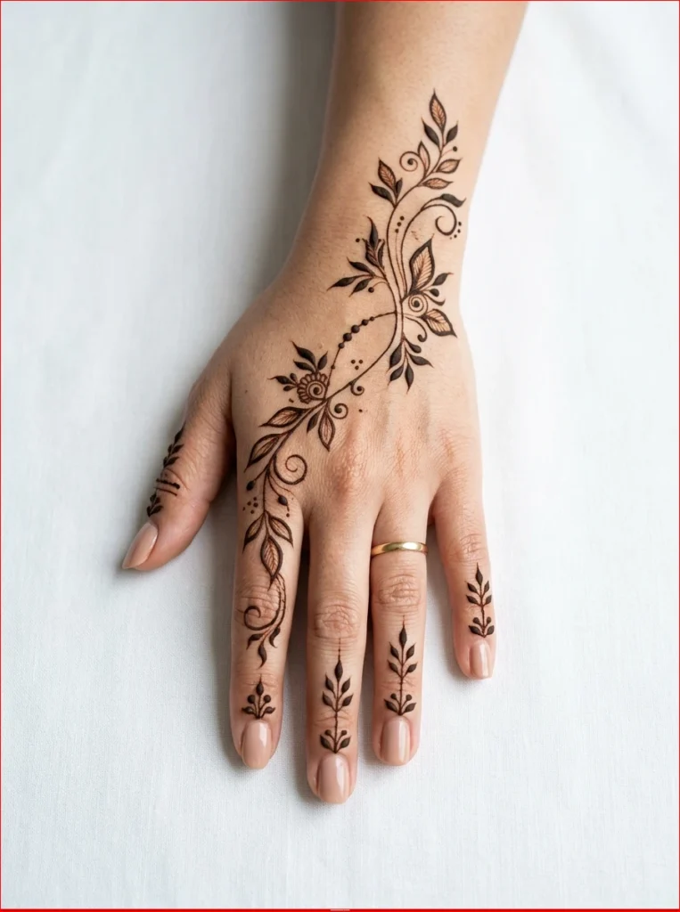 Simple and elegant back hand henna design perfect for weddings, Eid, Karwa Chauth, and festive occasions.