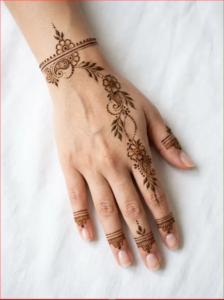 Simple floral Arabic henna art for the back hand with an airy and sophisticated appearance.
