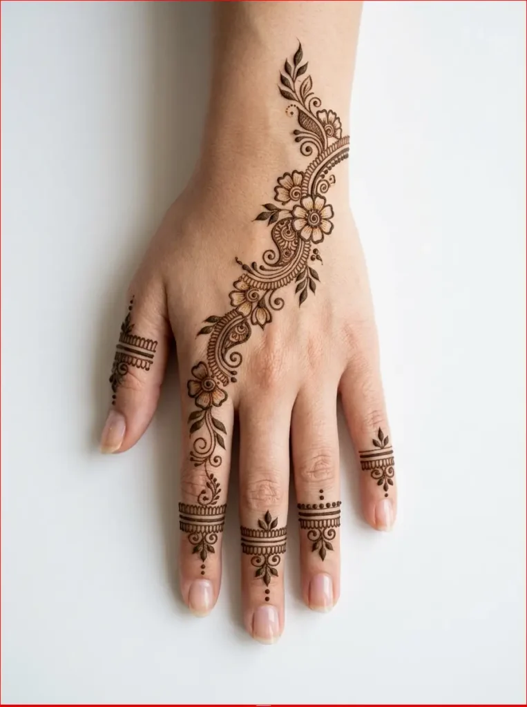 Elegant everyday back hand mehndi design with clean lines and subtle botanical elements.