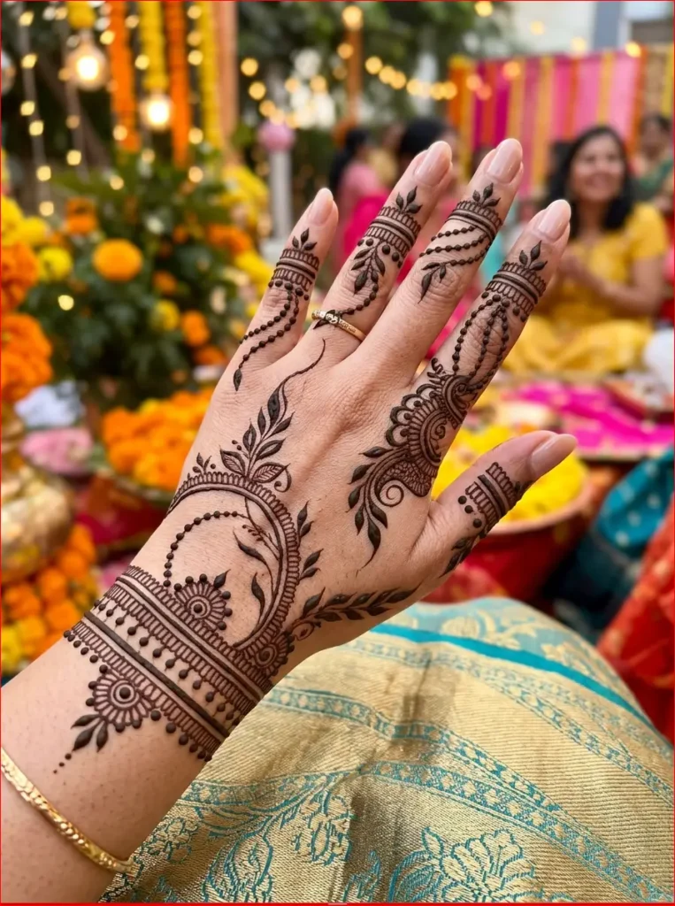Latest back hand mehndi design featuring trendy Arabic flowers, leafy vines, and beautiful bridal henna artwork.