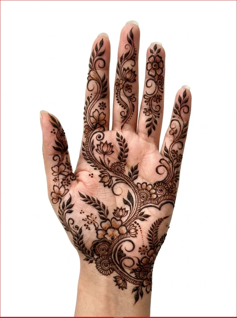 Beautiful-Floral-Sawan-Mehendi-Design-with-Delicate-Leafy-Vine-Artwork.