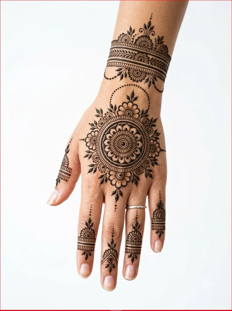 Beautiful-Savan-Mehandi-Design-2026-featuring-a-traditional-mandala-and-leafy-vine-artwork