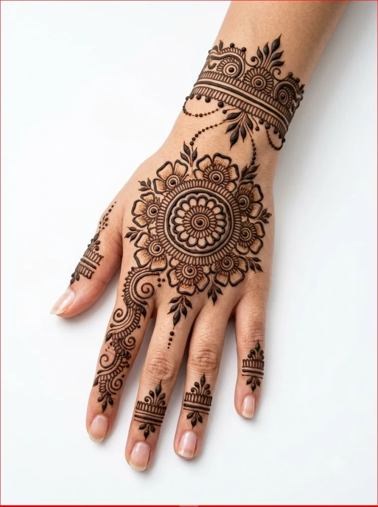 Beautiful-Savan-Mehandi-Design-2026-featuring-a-traditional-mandala-and-leafy-vine-artwork.