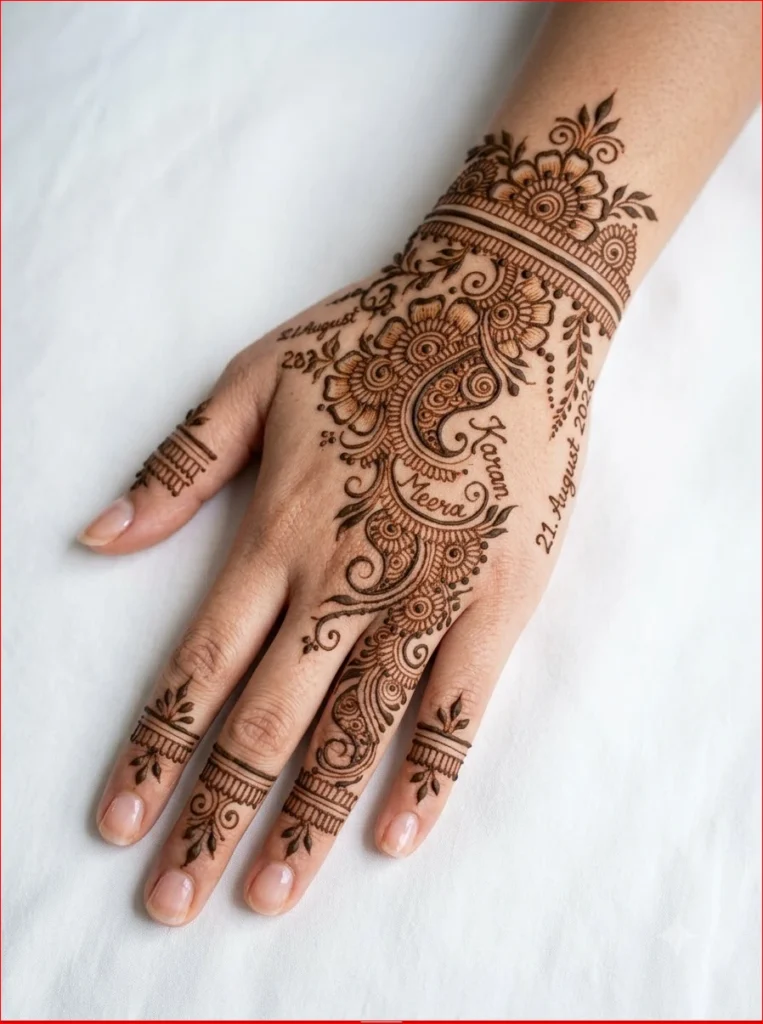 Beautiful custom name and wedding date mehndi design on a woman's hand with white background.