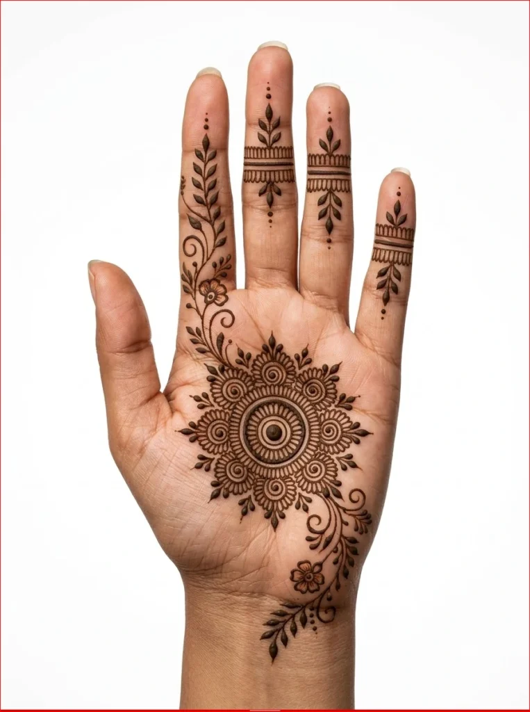 Beautiful-front-hand-decorated-with-modern-Sawan-henna-featuring-fine-lines-and-nature-inspired-elements.