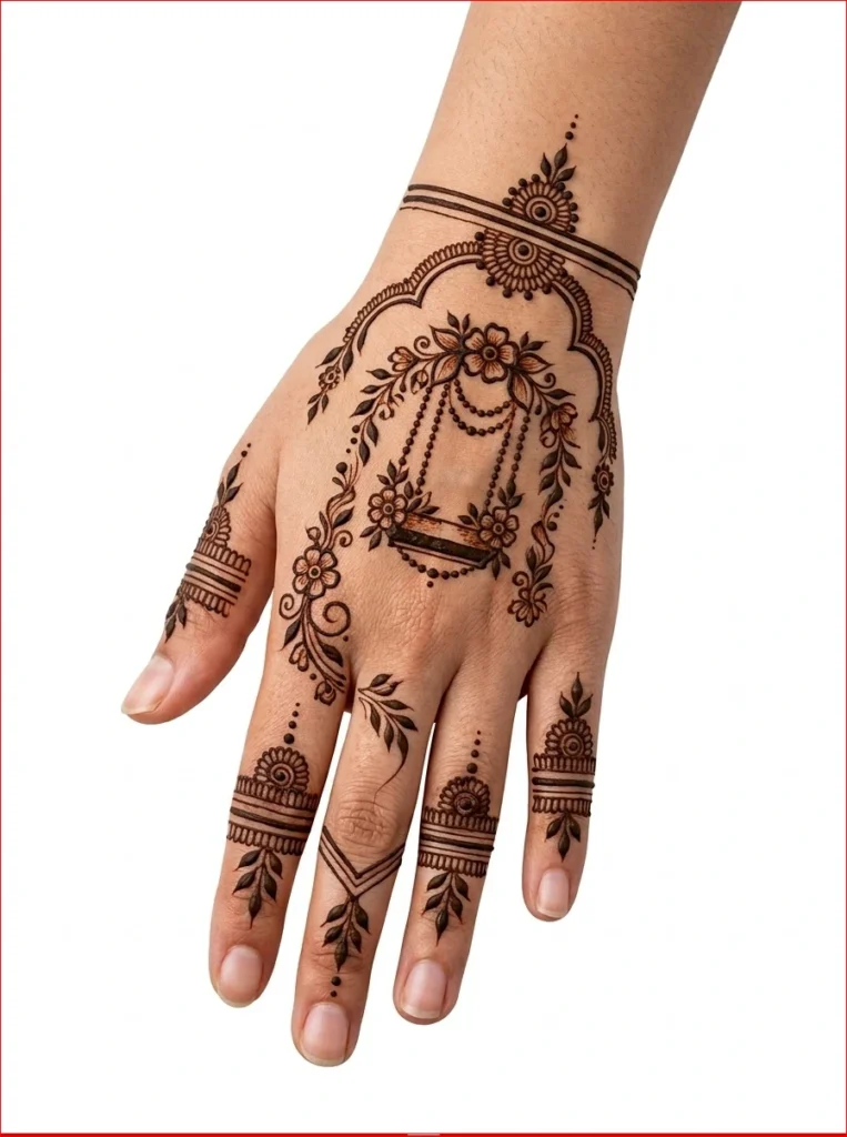Easy-Jhoola-Swing-Sawan-Mehendi-Design-on-a-realistic-female-hand.