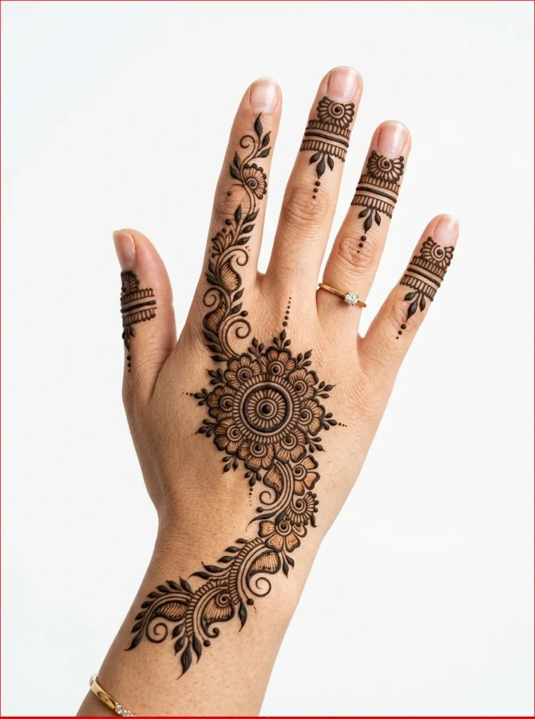 Beautiful Arabic-Fusion mehndi pattern combining a small mandala with flowing Arabic floral motifs