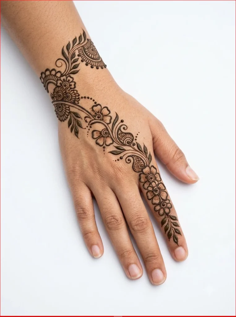 Fresh-Sawan-festival-mehendi-with-simple-flowers-and-leafy-trails.