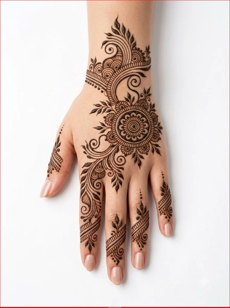 Minimal-Arabic-Fusion-henna-design-featuring-leafy-vines-and-delicate-paisley-artwork-on-the-back-hand