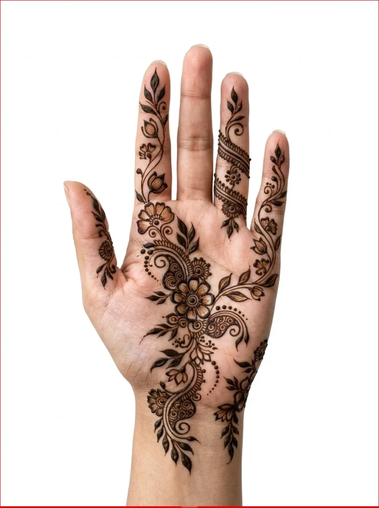 Minimal-Floral-Sawan-Mehendi-Design-Featuring-Fine-Flower-and-Leaf-Details.