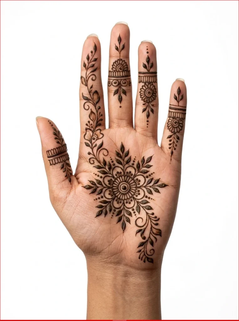 Minimal-monsoon-inspired-henna-artwork-featuring-leafy-vines-and-delicate-finger-details-on-the-front-hand.