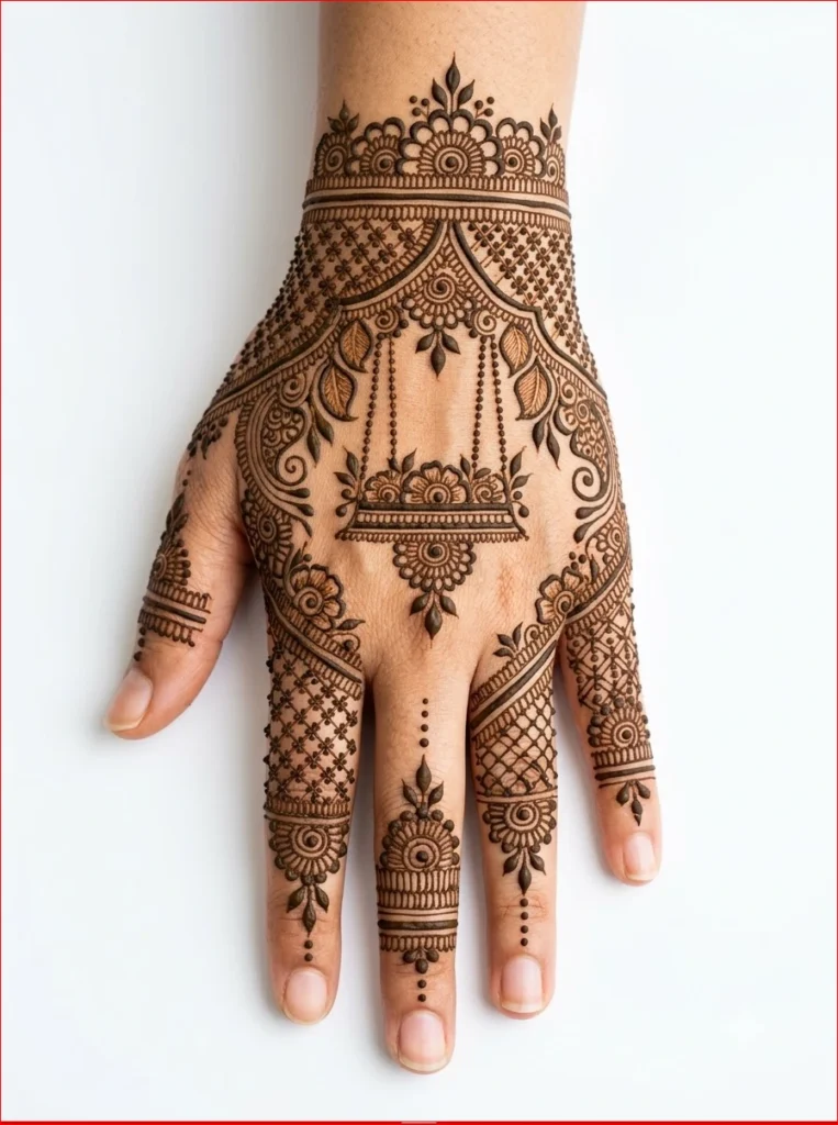 Minimalist-Jhoola-Swing-Sawan-Mehendi-Design-for-front-hand-festival-look.