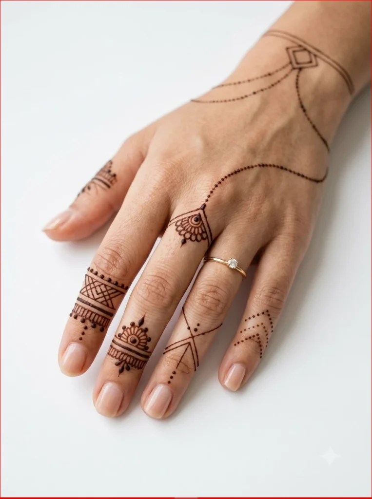 Minimalist-Mandala-Patterns-mehndi-design-on-back-hand-with-elegant-circular-floral-details-on-a-white