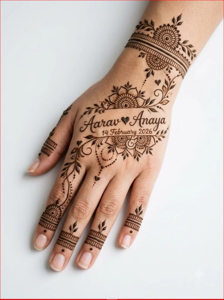 Personalized-name-and-date-mehndi-design-with-elegant-floral-pattern-on-front-hand