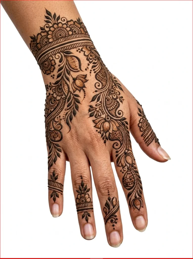 Popular-Sawan-Mehendi-Design-Patterns-to-Try-This-Year-with-elegant-floral-front-hand-mehendi-on-a-pure-white-background.