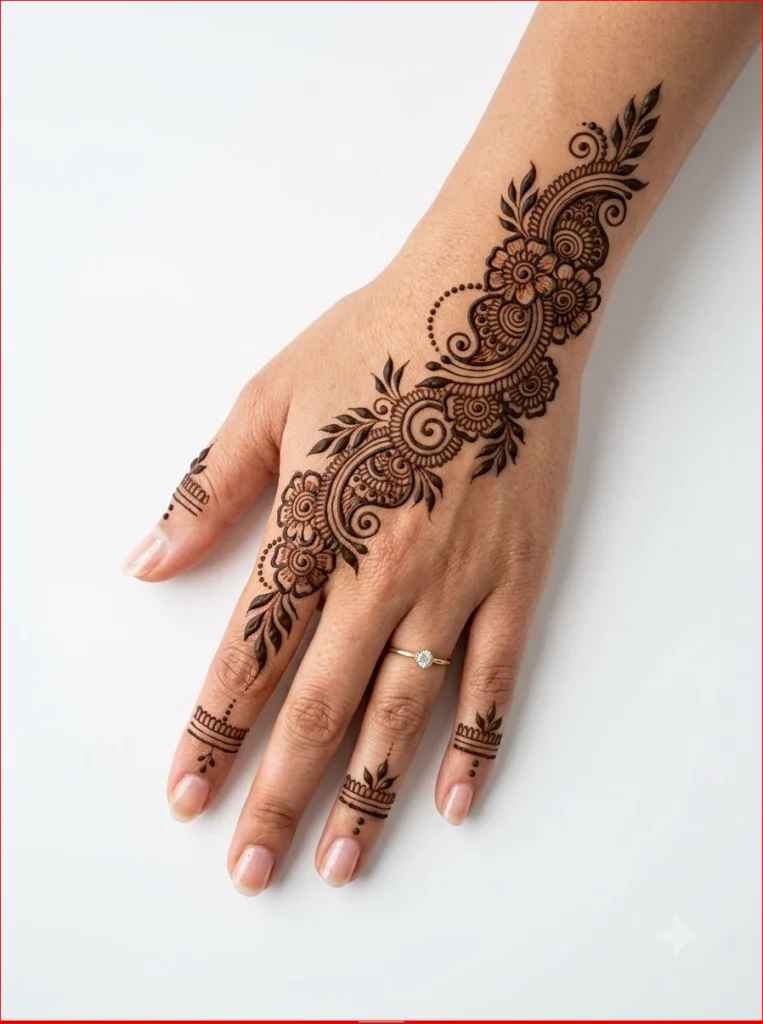 Savan Mehndi Design 2026 featuring a simple floral back hand pattern perfect for Teej and Sawan celebrations.