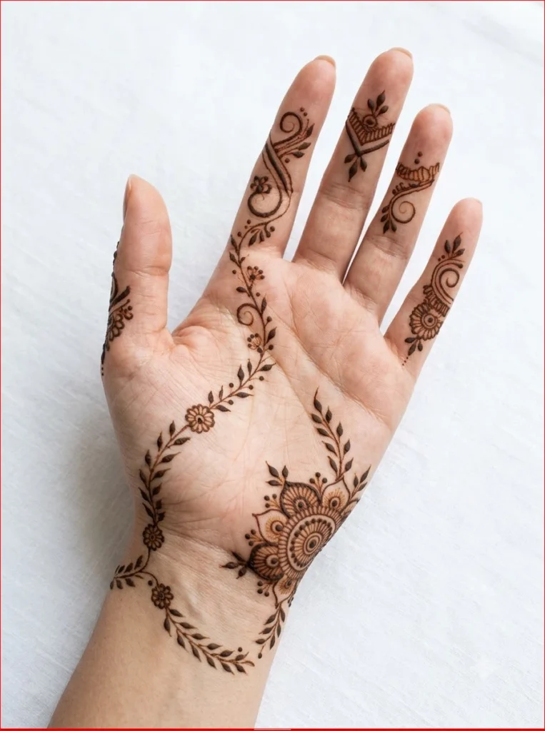Trendy-Minimalist-Savan-Mehndi-Design-2026-with-graceful-finger-patterns-and-elegant-negative-space-on-a-white-background.