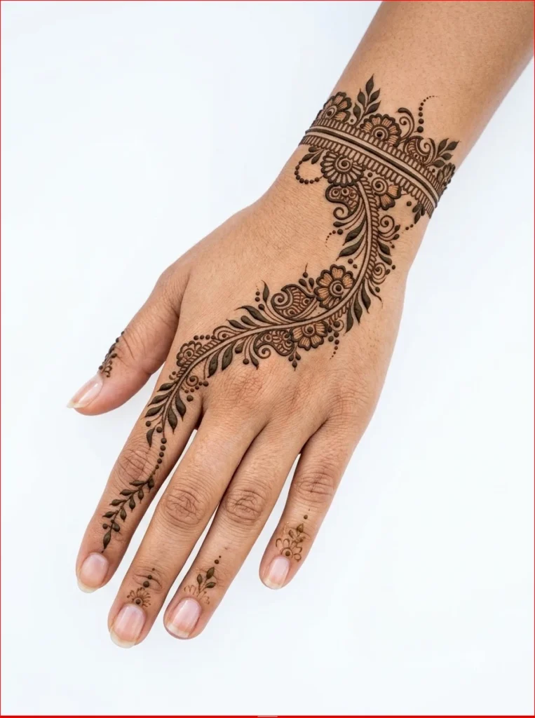 Unique-Arabic-Sawan-mehendi-design-with-paisley-and-vine-patterns.
