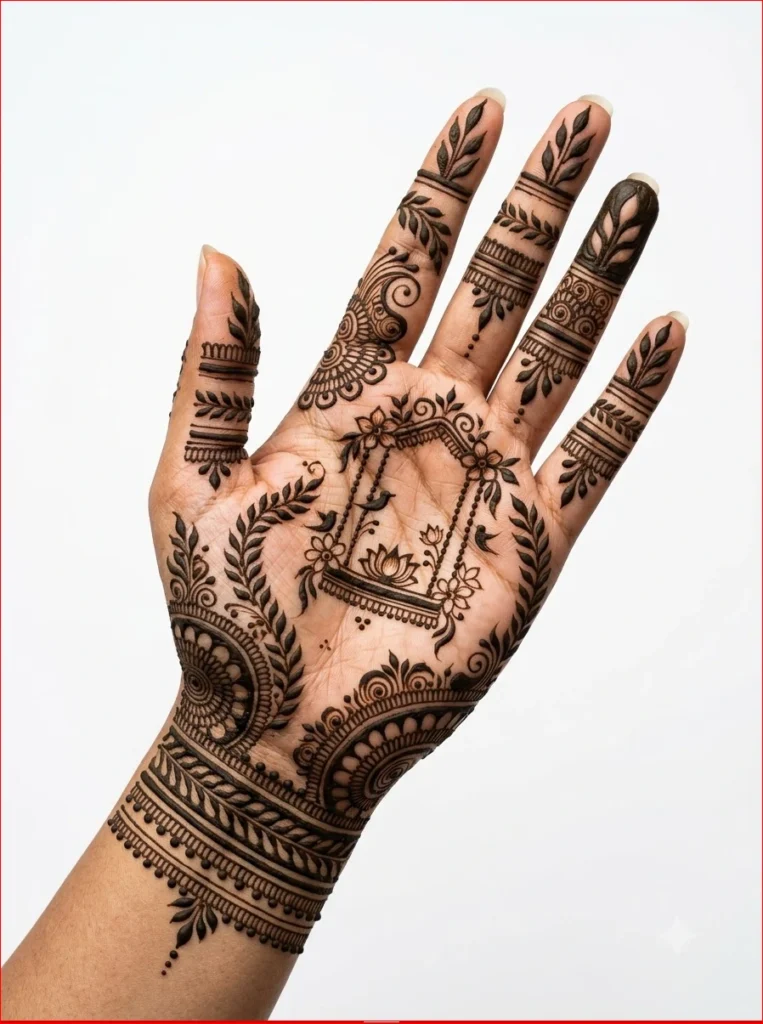 Unique-Jhoola-Swing-Sawan-Mehendi-Design-with-clean-floral-and-vine-motifs-on-hand.