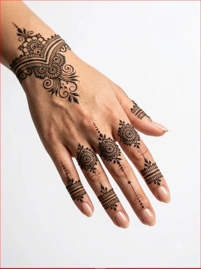 Unique-Minimalist-Mandala-Patterns-henna-art-on-female-hand-with-fine-line-mandala-and-leaf-motifs