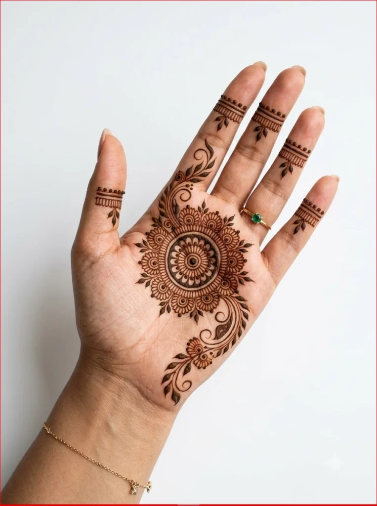 Latest Sawan Mehendi Design with detailed Indian henna art on a woman's hand in a clean white background.