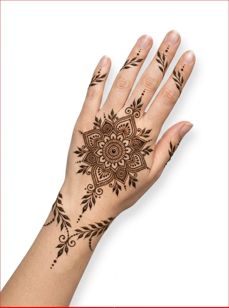 Modern Minimalist Mandala Patterns back hand mehndi with symmetrical mandala artwork and fine detailing.