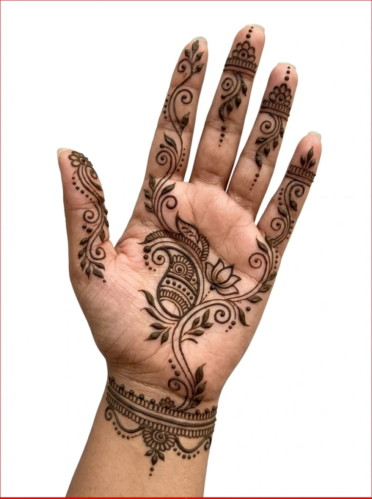 Why Savan Mehandi Design 2026 Is So Special – Beautiful back hand Savan mehndi featuring traditional Indian motifs.