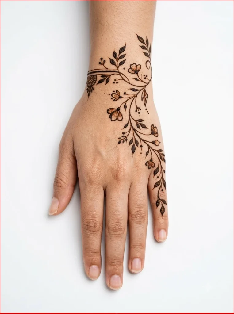 Elegant Savan Mehndi Design 2026 with leafy vine details on a clean white background for festive occasions.