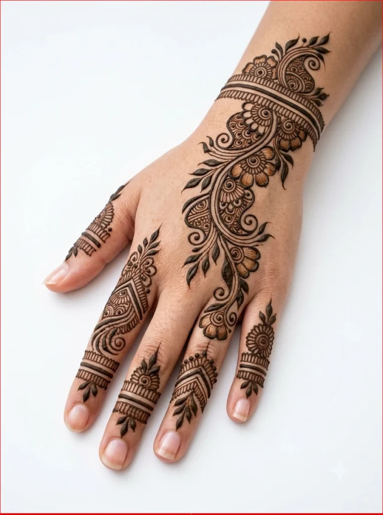 Modern Savan Mehandi Design 2026 with Arabic floral style on a realistic female hand.