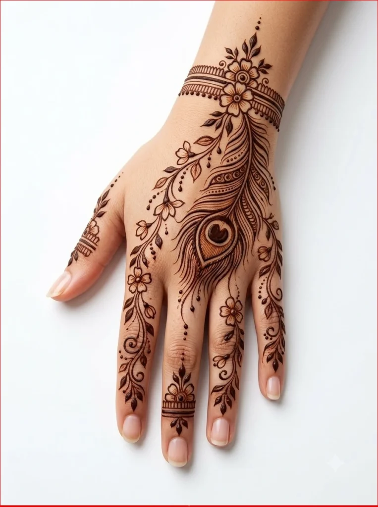 Why Savan Mehandi Design 2026 Is So Special – Minimal Arabic-inspired Savan mehndi design with delicate vines.