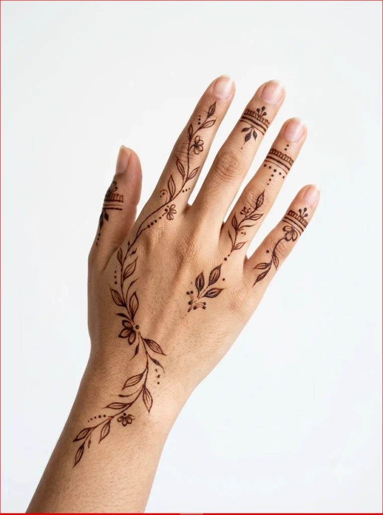 Simple Sawan mehendi design with elegant floral patterns on a woman's hand against a pure white background