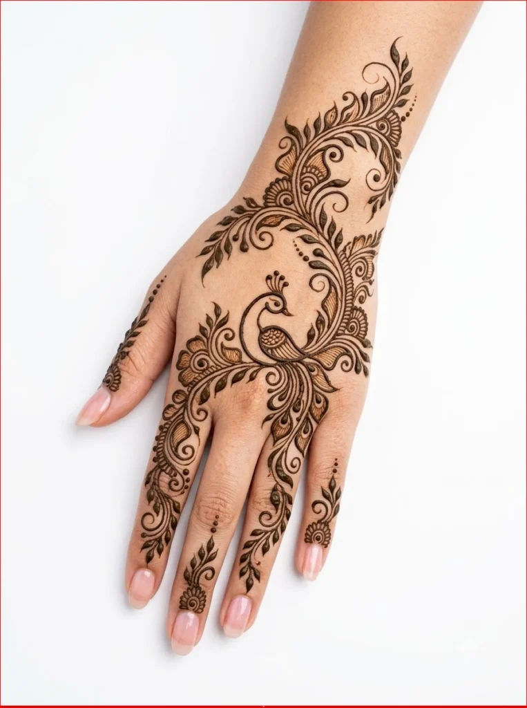 Beautiful Savan Mehndi Design 2026 inspired by nature with delicate flowers and leaves for a stylish festive look.