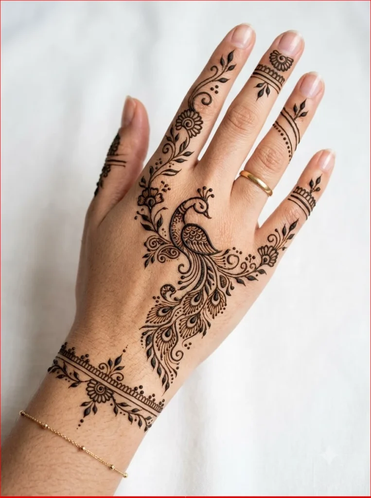 Unique Peacock and Radha-Krishna motifs back hand mehndi design for festive occasions.