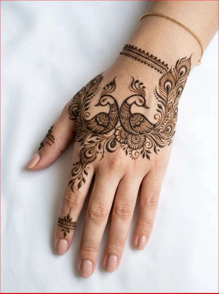 Traditional Peacock and Radha-Krishna motifs mehndi with fine line artwork and lotus details.