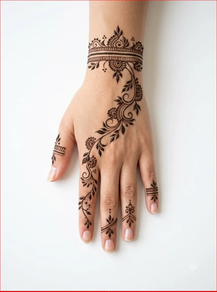 Simple Arabic-Fusion mehndi design with elegant floral trails and modern finger patterns on a woman's hand.