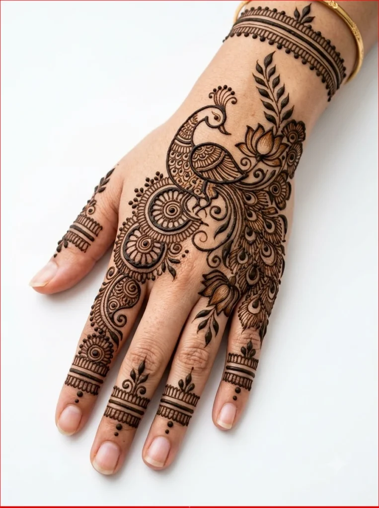 Elegant Peacock and Radha-Krishna motifs mehndi design with intricate floral vines.