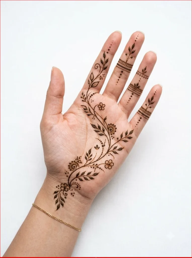 Minimalist Shravan Mehndi Design 2026 featuring simple floral motifs and delicate vines perfect for festive and casual occasions.