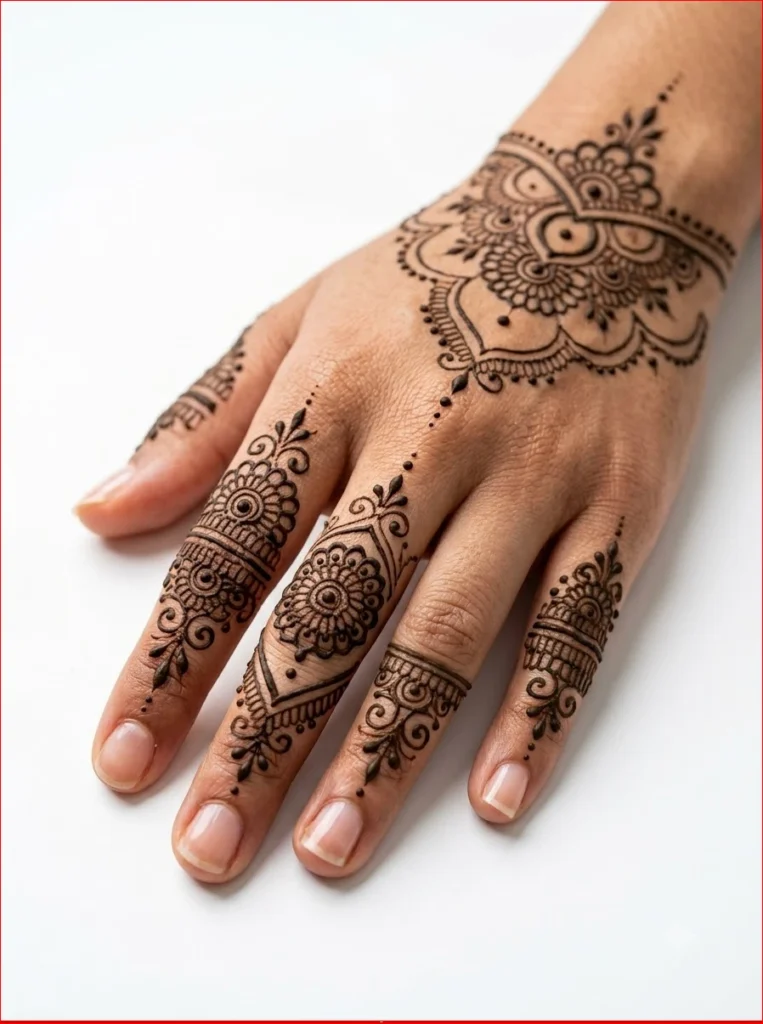Minimalist finger mehndi design featuring elegant leafy vines and fine henna details.