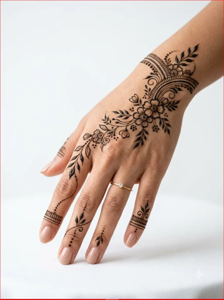 Modern Sawan Mehendi Design with delicate paisley patterns perfect for Teej and Shravan festivals