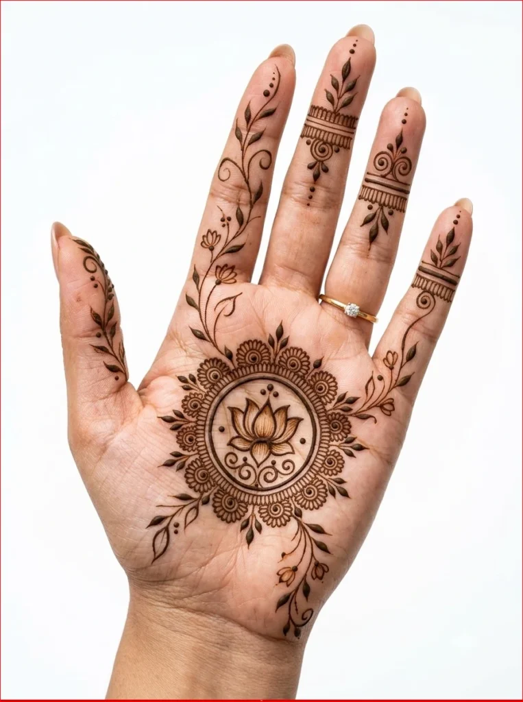 Simple Minimalist Savan Mehndi Design 2026 featuring delicate leaf vines and modern henna art on a woman's hand.